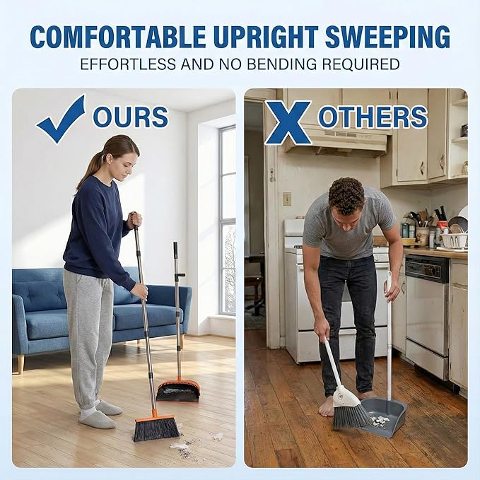 Broom and Dustpan Set for Home, 51.8" Long Handle Standing Dustpan with Self-Cleaning Teeth, Upright Sweeping Combo for Kitchen Office Pet Hair, Orange