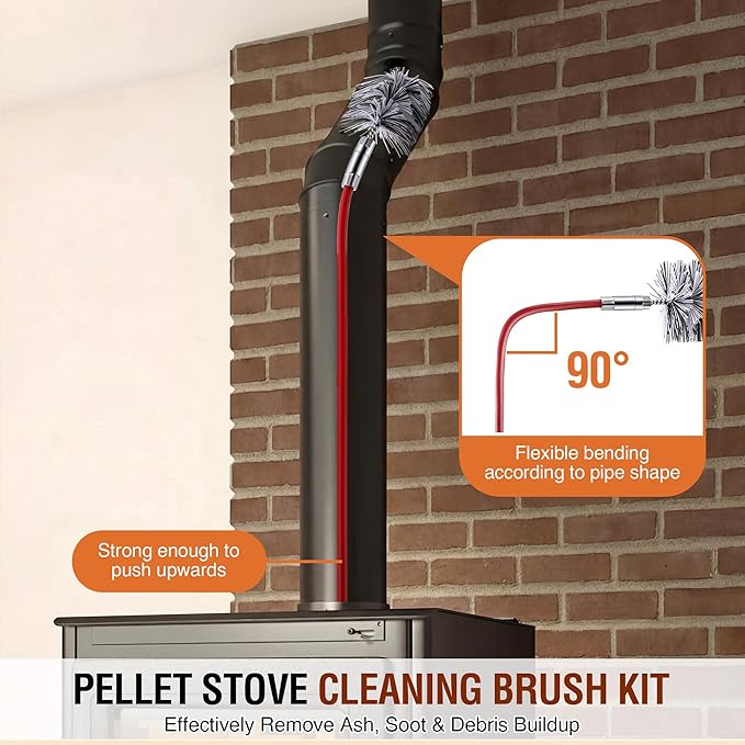 Feekoon Pellet Stove Cleaning Kit, 20 FT Flexible Steel Rod with 3" Brush Head, Flue Detail Cleaner, Pellet Stove Accessories for Vent Pipes Cleaning - Reduce Buildup & Improve Airflow