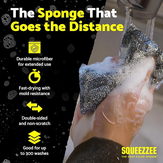 Squeezzee Soap Filled Scrubber Sponges 2-Pack - Non Scratch Scrubbing Sponge with Built-in Dishwashing Liquid Dish Soap, Double Sided Kitchen Cleaning Scrubbers, Up to 300 Washes Per Sponge
