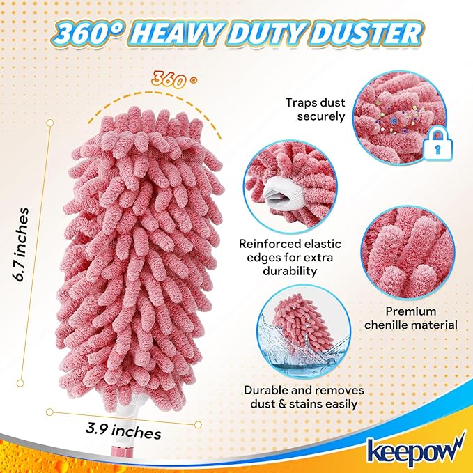 KEEPOW 6 Pack Pink Duster Refills Compatible with Swiffer Duster Handle, Reusable Microfiber Pads Compatible with Swiffer Heavy Duty Dusters, 360 Dusting for Cleaning Window(Handle is Not Included)