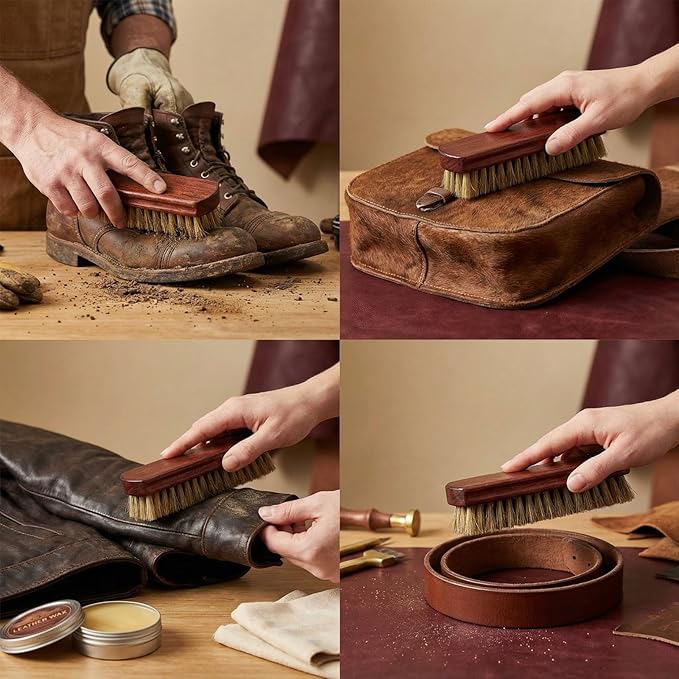 Shoe Cleaning Brush Set of 2 Brushes with Horsehair and Boar Bristles, 6" Concaved Handle for Premium Grip, Wooden Sneaker Brush for Leather, Boot, Canvas, Textile, Bags and Accessories