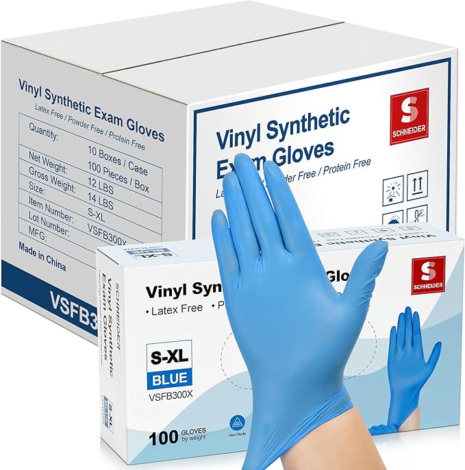 Schneider Vinyl Synthetic Exam Gloves, 4 Mil, Latex Free Disposable Gloves for Medical, Cooking, Cleaning, and Food Prep,1000