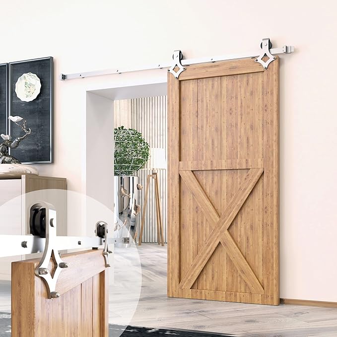 Homacer Brushed Nickel Non-Bypass Sliding Barn Door Hardware Kit, for One/Single Door, 6.6ft Long Flat Track, Diamond Design Roller, Heavy Duty, for Interior Use