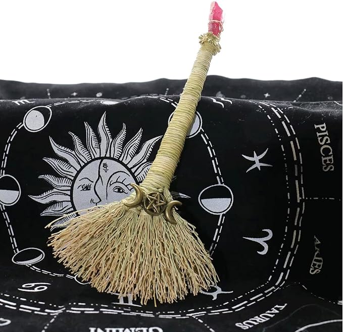 Witch Altar Mini Broom with Crystal and Triple Moon Decor - Wiccan Tools for Healing Energy Cleansing Altar Decoration (Red Crystal)