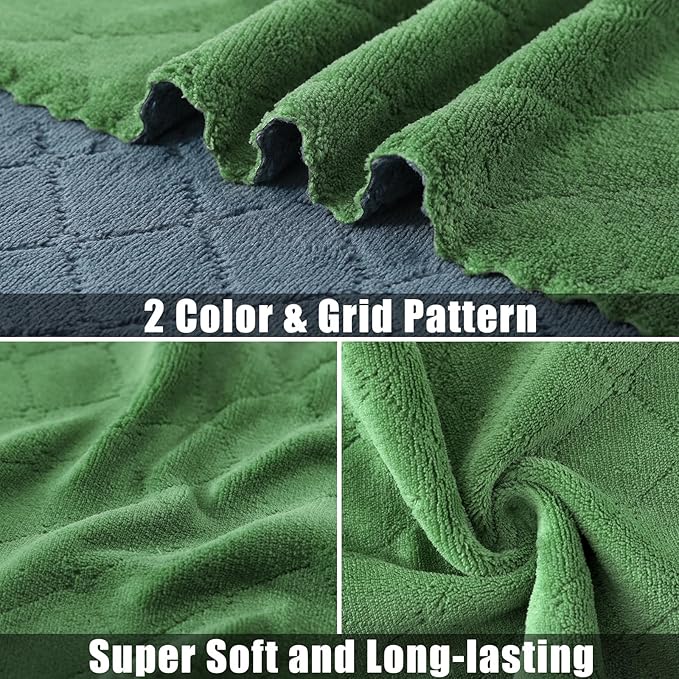 Mordimy 12 Pack Kitchen Towels (20" x 10", Dark Grey & Grass Green), Super Soft and Absorbent Dish Towels, Coral Velvet Microfiber Cleaning Cloth, Nonstick Oil Fast Dry Dish Cloths
