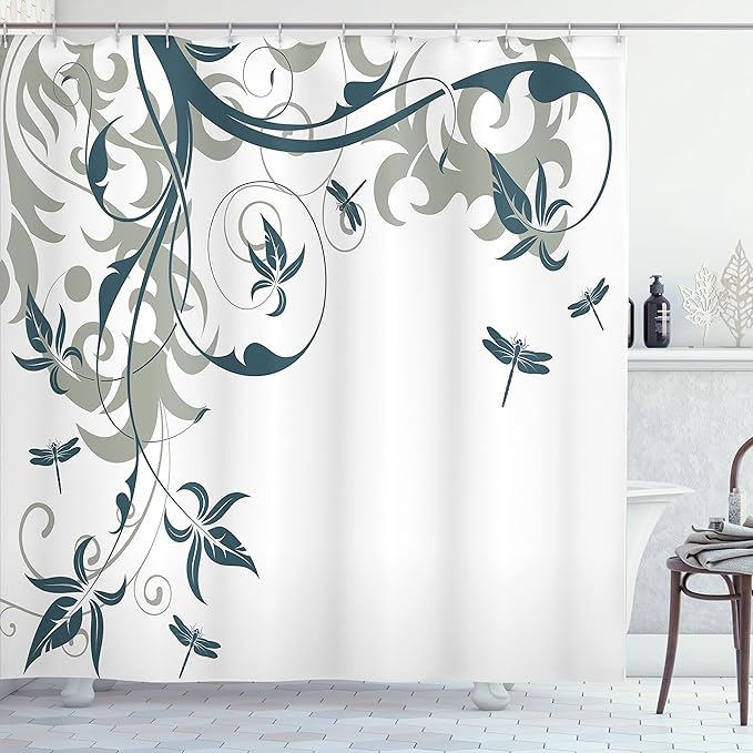 Ambesonne Dragonfly Shower Curtain, Swirled Floral Background Damask Curl Branches and Leaves Print, Cloth Fabric Bathroom Decor Set with Hooks, 69" W x 75" L, Dark Emerald