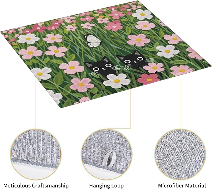 Pink Floral Cat Dish Drying Mat for Kitchen Counter, 16"x18" Microfiber Absorbent Fast Dry Mat, 2Pcs Dish Mat Faucet Mats Sets, Large Drying Kitchen Mat Kitchen Drying Pad Coffee Bar Decor Gifts