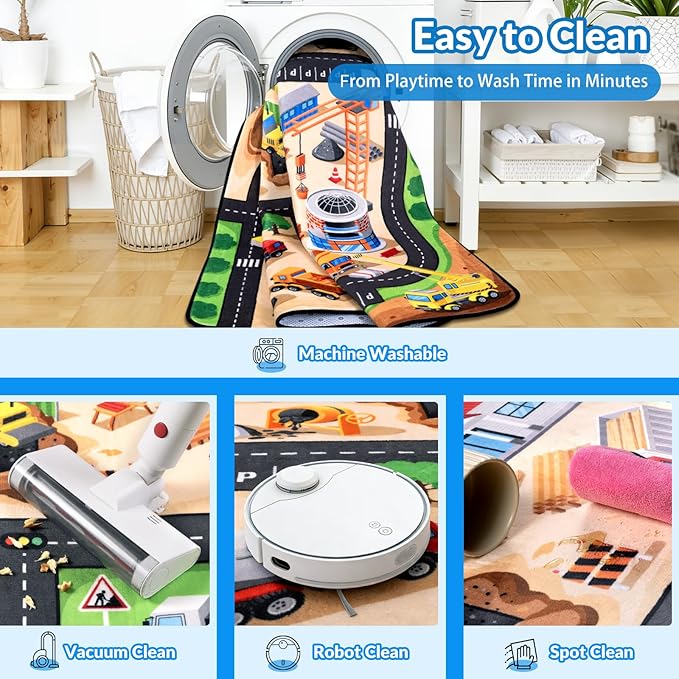 Kids Rug, 4x6 FT Construction Site Car Rug Play Mat, Soft & Durable, Non-Slip, Machine Washable, Cartoon Construction Site Pattern Car Carpet Playmat for Kids Room, Playroom & Nursery