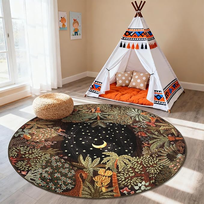 GarveeHome Round Area Rugs 8ft for Living Room, Large Brown Jungle Washable Circle Rug Soft Non Slip Forest Animal Print Floor Mat Tiger Carpet Indoor Thin Rug for Bedroom Dining Room Playroom Nursery
