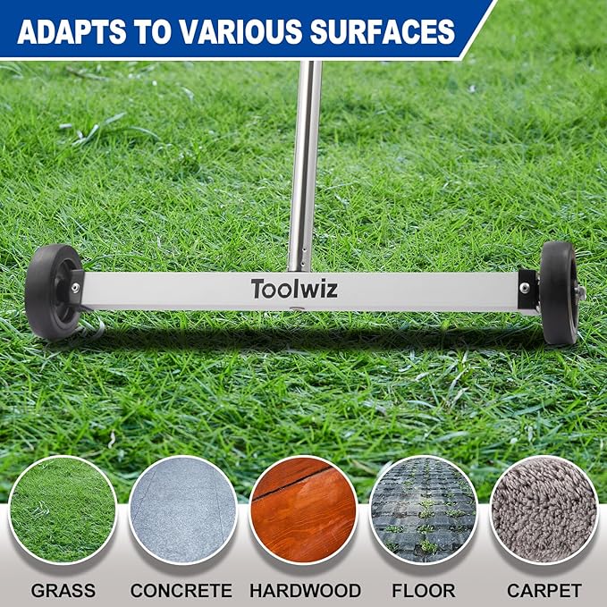 Toolwiz 15" Rolling Magnetic Sweeper 10lbs, with 8 lbs Telescopic Magnetic Pick Up tools with LED light– Telescoping Holder to Pick Up Nails Magnetic Sweeper for Construction