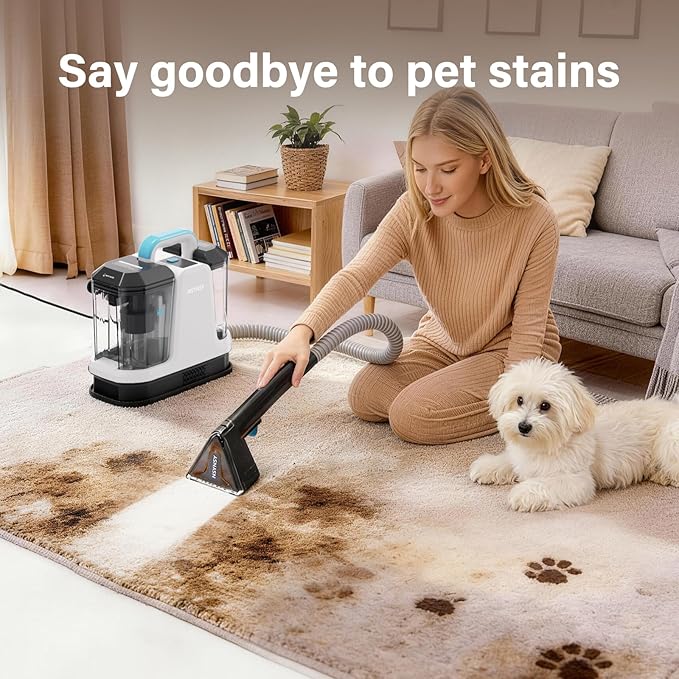 Portable Carpet & Upholstery Spot Cleaner, Compact Strong-Suction Machine with Scrubbing Brush, Removes Pet Stains, Spills & Dirt from Sofas, Stairs, Rugs, Mattresses & Car Interiors