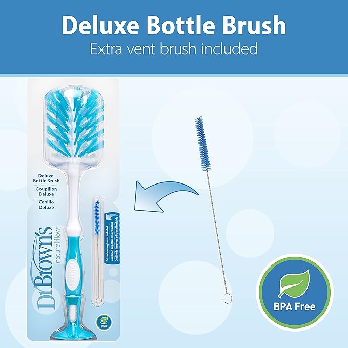 Dr. Brown's Soft Touch No Scratch Baby Bottle Cleaning Brush, Pink, 1-Pack + Deluxe Baby Bottle Brush with Vent Cleaning Brush, BPA-Free, Blue, 1-Pack