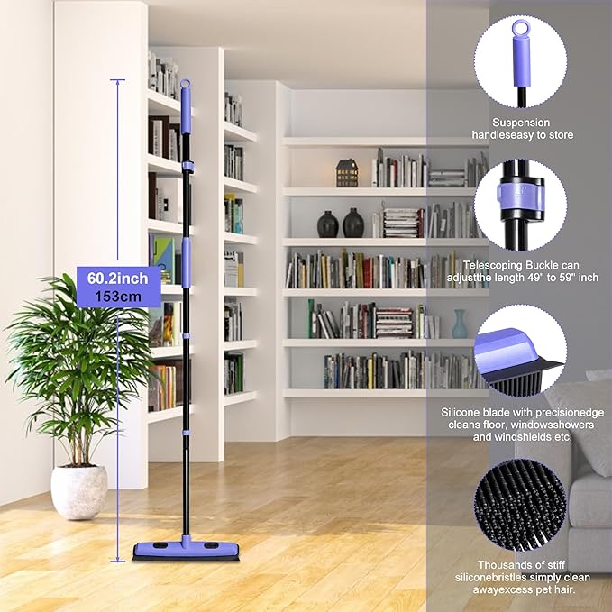 Carpet Brush for Pet Hair Remover, Rubber Broom for Pet Hair on Carpet with Telescoping 60.2 Inches Long Handle for Cleaning Fur Rug, Hardwood Floor, Tile, Window