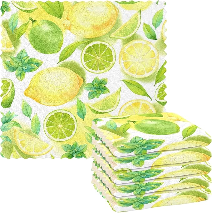 ALAZA Dish Towels - Super Absorbent Kitchen Cloths, Set of 6, 11"x11" Lemon White Soft Towels, Lint Free Bar Tea Kitchen Accessories