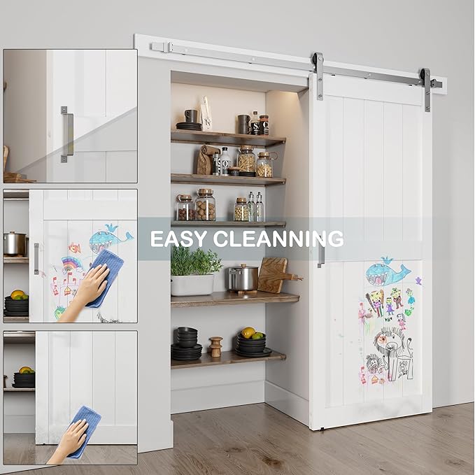 36''x84'' Sliding Barn Door with 6.6 Ft Brushed Nickel Hardware Kit& Handle& Floor Guides,Pre-Drilled Holes Easy Assembly - Include Installation Manual, Water-Proof PVC Surface, H-Frame
