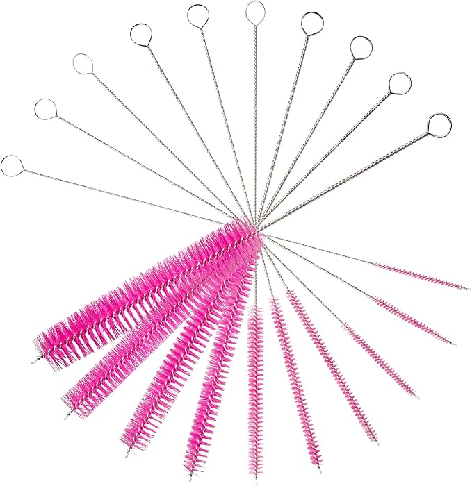 10" Tube Cleaning Brush Set, 10 Pack, Extra Long Nylon Straw Brushes with Flexible Handles for Bottles, Cleaning Straws, Pipe Cleaners, Keyboard, Glass, Guns, Detailing and Deep Cleaning, Pink