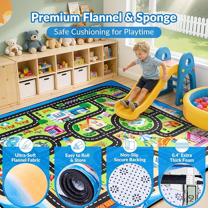 Kids Rug, 6x9 FT Island City Car Rug Play Mat with Realistic Roads and Tracks, Non-Slip, Stain Resistant, Machine Washable, Interactive City Road Carpet for Kids Room, Playroom & Nursery