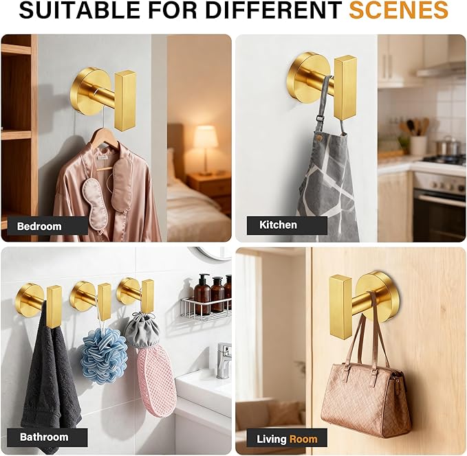 Nolimas Towel Hooks for Bathrooms, Brushed Gold Towel Hook for Kitchen Bathroom, SUS304 Stainless Steel Coat Hook, Heavy Heavy Duty Robe Hooks for Hanging Towels, Coats, sponges, Wall Mount, 2 Pack
