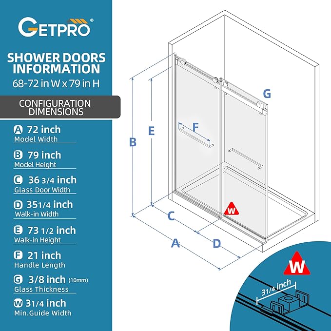 GETPRO Shower Door 69-72" W x 79" H, Frameless 3/8 inch Tempered Glass Shower Doors Double Sliding with Upgraded Soft Closing and Anti-Jumping System Width Adjustable Brushed Nickel