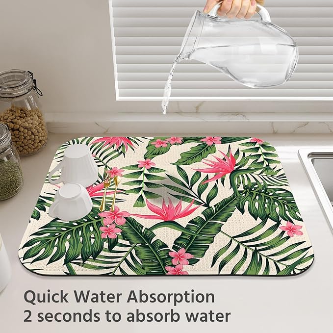 Dish Drying Mat for Kitchen Counter 18x24 Inch, Super Absorbent Dish Drainer Mat, Decorative Microfiber Dishes Drying Pad-Large(Tropical Leaf)