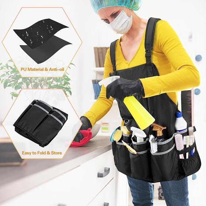 Extra-Large Cleaning Caddy & Large Apron, Organizer with Handle & Apron with Dual Shoulder Straps For Cleaning Tools Storage, Black