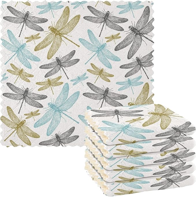 ALAZA Dish Towels Set of 6 - Fern Botanical Dragonfly Design, Absorbent Cleaning Cloths, Lint-Free Bar Tea Soft Towels, Kitchen Accessories, 11"x11"