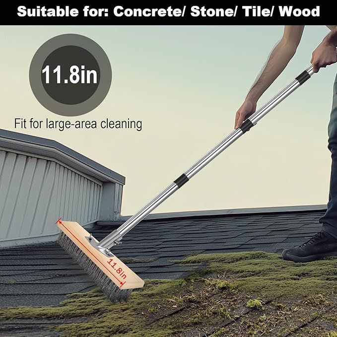 Heavy Duty Wire Push Broom with Crack Weeder Brush Set, Multifunction Moss Remover with Scraper Weed Puller, Detachable 64.9in Handle for Outdoor Deck Pavers Patios Walkways Concrete Cleaning