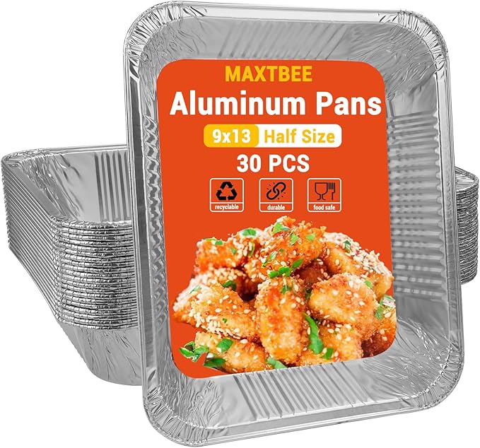 Aluminum Pans Foil Pans, 30 Pack 9x13 Disposable Trays Half Size Heavy Duty Steam Table Tin Foil Trays Food Containers For Cooking, Heating, Meal Prep, Baking, Roasting