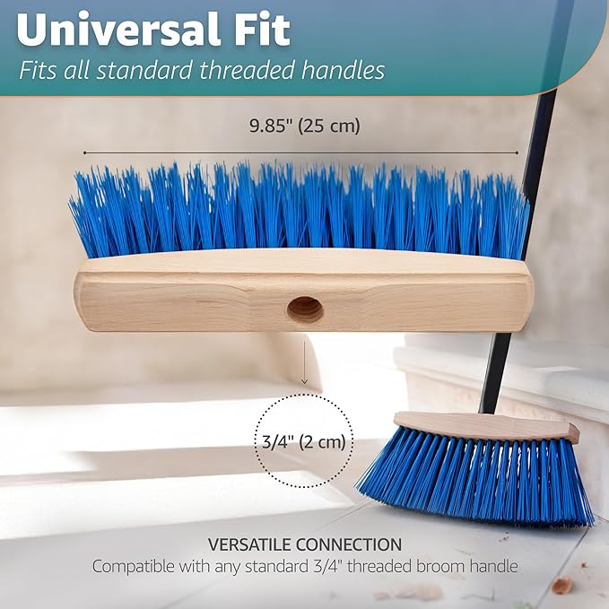 Outdoor Broom Head - Heavy Duty 9.85" Sweeping Wooden Broom Head with Stiff Bristles - Fits Standard 3/4" Threaded Handles - Ideal for Concrete Walkway, Patio, Deck, Driveway & Garage