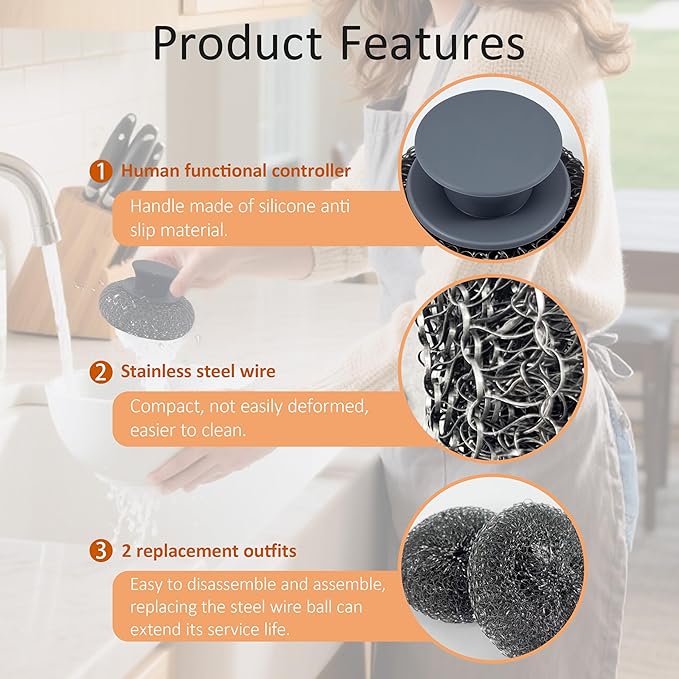 Stainless Steel Wool Scrubber with Rubber Handle & 2 Pads for Cleaning Dishes, Kitchen Pots, Pans, Grills (Grey)