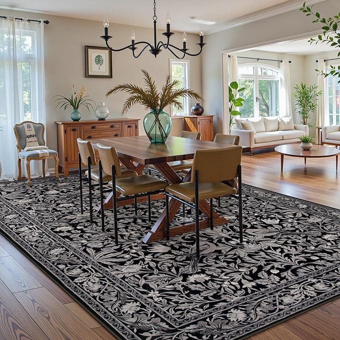 Lahome Bird Area Rugs 9x12 Living Room, Soft Washable Black Rug for Bedroom Under Bed, Ultra-Thin Non-Slip Botanical Traditional Carpet for Office Dining Room, Black