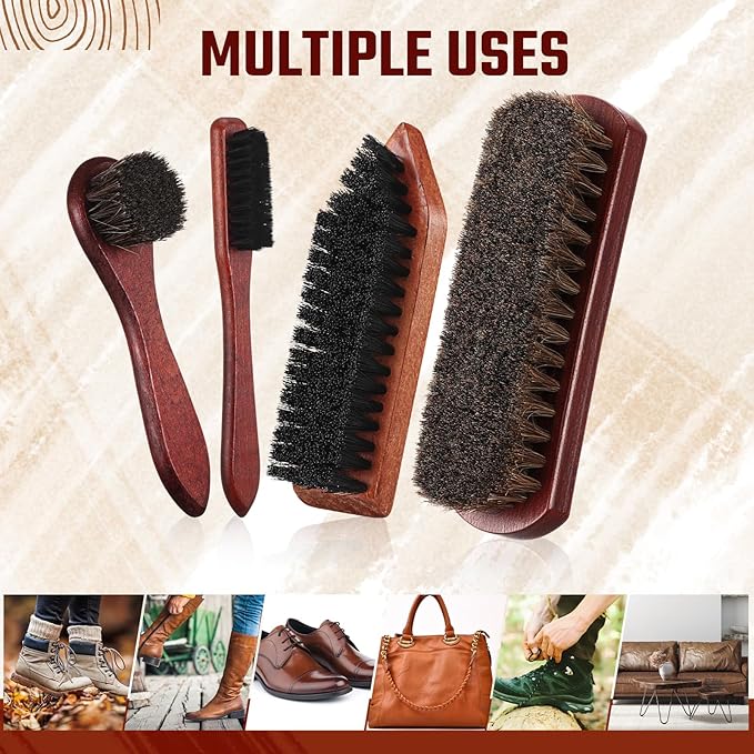 Vesici 5 Pcs Horsehair Shoe Polish Brush Kit Horse Hair Brush for Leather Boot Brushes Microfiber Cloth Leather Shine Polish Shoe Care Scrubber Clean Dauber Applicators