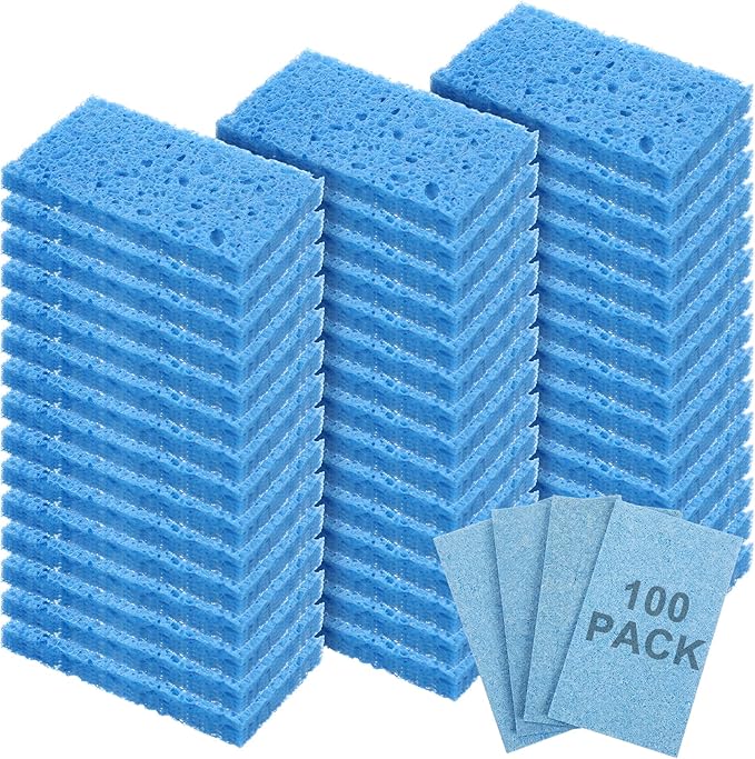 Zhengmy 100 Pieces Sponges Kitchen Compressed Sponges Bulk Natural Dish Sponge Compressed Wood Pulp Cleaning Sponge Without Scratching for Kitchen Bathroom, 3.9 x 2.4 x 0.12 Inch (Blue)