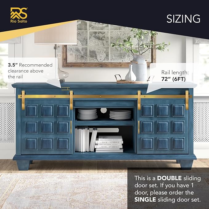 Rio Salto Mini Gold Barn Door Hardware Kit 6FT with Handles, Double Pannel Cabinet Sliding Barn 72" Hardware Track for Sliding Furniture (Gold, 6FT Track Kit (Double Door)
