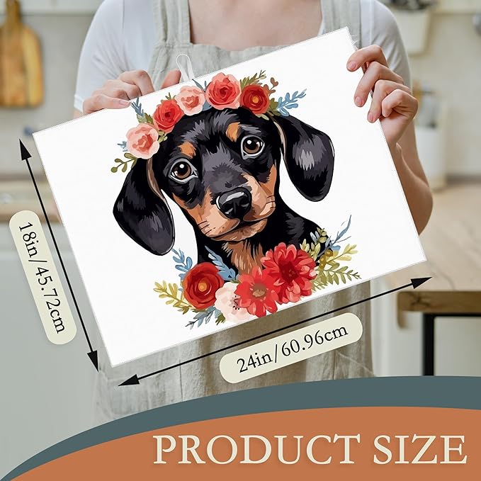 Dachshund Dog Flowers Dish Drying Rack Mat for Kitchen Counter, Dish Drying Pad Absorbent Reversible Microfiber Protector for Coffee Bar Sink Countertops 18x24 Inch