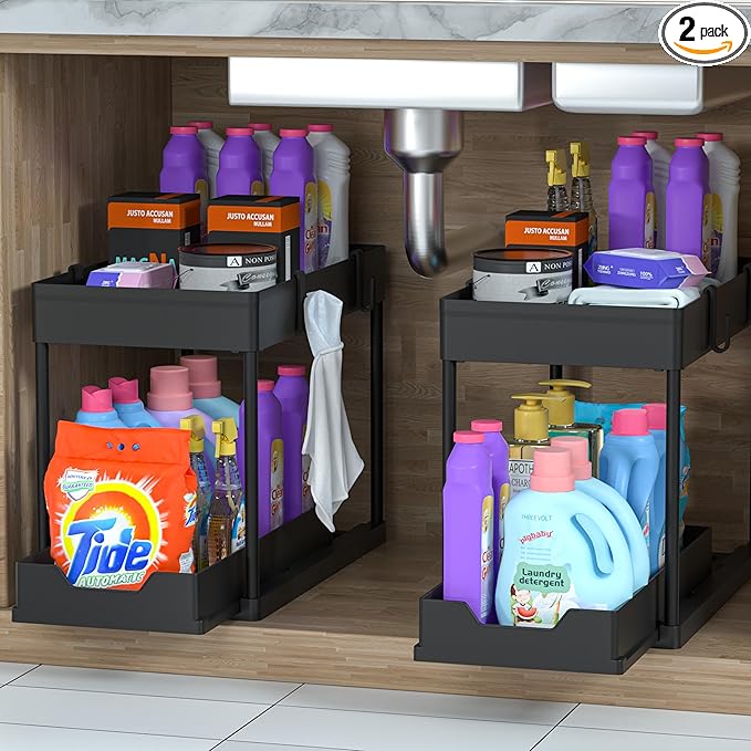 2 Pack Under Sink Organizer, 2 Tier Bathroom Cabinet Organizer with Sliding Basket, Multi-Purpose Under Sink Organizers and Storage for Bathroom Kitchen (Black 2 Pack)
