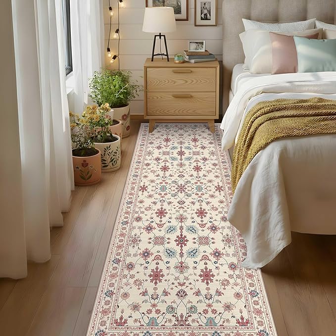 2x6 Floral Runner Rug, Washable Runners for Hallways, Pink Vintage Boho Kitchen Rugs, Non Slip Hallway Runner Carpet for Indoor Hallway, Kitchen, Laundry Room and Bathroom