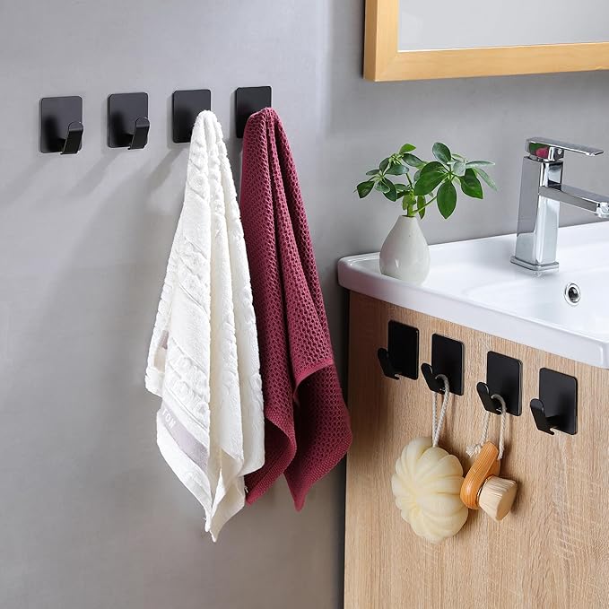 Taozun Adhesive Hooks 8 Packs, Black Wall Hooks for Hanging Coat/Towel Hooks Stainless Steel Waterproof Robe Hooks for Bathroom Bedroom Kitchen