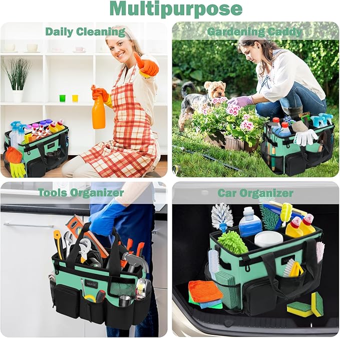 Wearable Cleaning Caddy Bag,Cleaning Supply Tote for Cleaning Supplies, Cleaning Organizer with Adjustable Shoulder and Waist Straps for Cleaners Housekeepers (Lake Green and Black, Large)