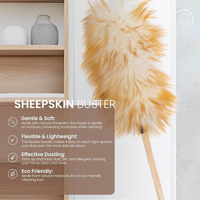 100% Sheepskin Duster with Solid Wooden Handle – Flexible Anti-Static Head, Comfortable Grip, 17.8 Inch Feather Duster for Home, Office, and Car Cleaning – Made in Argentina