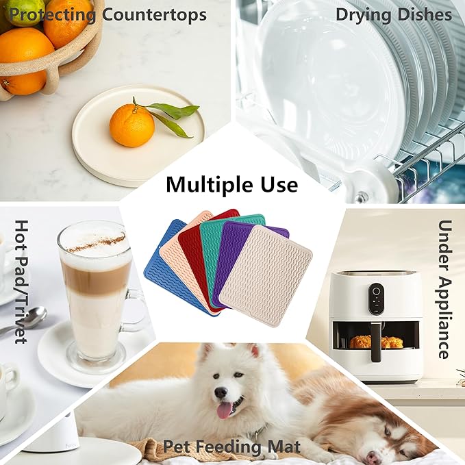 ZLR Silicone Dish Drying Mat 12" x 12" Square - Small Heat Resistant Trivet & Countertop Protector for Air Fryer, Coffee Maker - Waterproof Kitchen Drain Pad for Cups, Fruit (Lichen Blue)