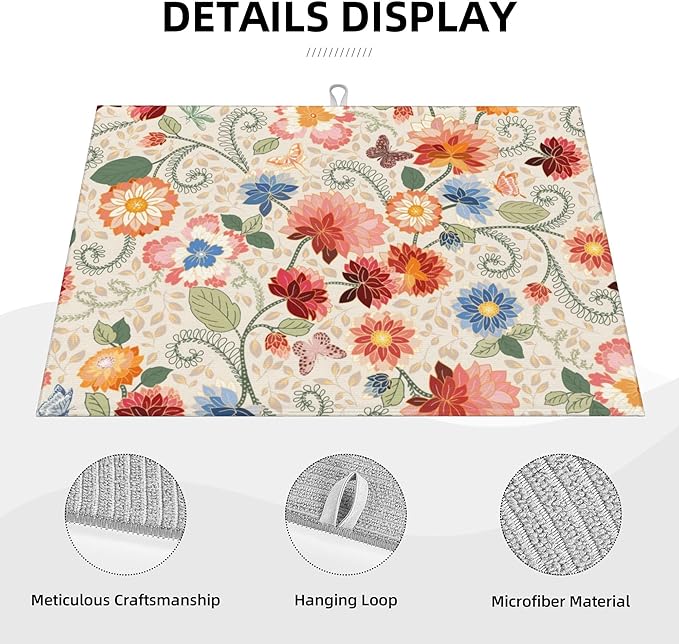 Mandala Flowers Dish Drying Mat 18x24 Inch, Microfiber Absorbent Fast Dry Mat Colorful Floral Large Dish Mat Drying Kitchen Mat, Kitchen Drying Pad for Kitchen Counter Coffee Bar Decor Gifts