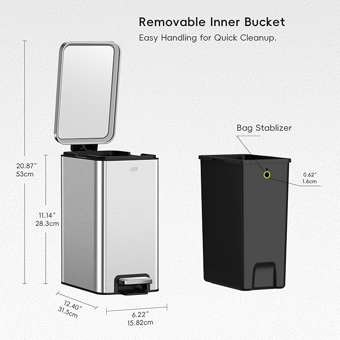 EKO Small Bathroom Trash Can with Lid Soft Close, Step Pedal, 6 Liter / 1.6 Gallon Stainless Steel Garbage Can with Removable Inner Bucket, Anti-Fingerprint Finish (Silver)