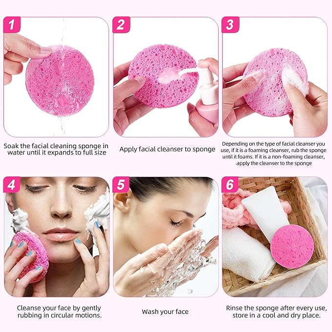 60-Count Compressed Facial Sponges 100% Natural Cellulose Cosmetic Spa Sponges for Daily Facial Cleansing Makeup and Mask Removal Pore Exfoliation (Pink)
