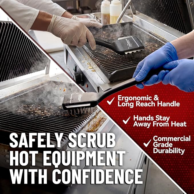 Panini Grill Brush Cleaner - Commercial BBQ & Electric Press Scraper – Heavy Duty Stainless Steel Bristles - 3-in-1 Head Grill Brush w/Scraper for Ribbed or Flat Surfaces by FryOilSaver Co - 90052