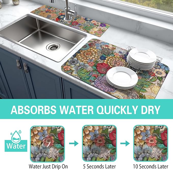 Dish Drying Mat for Kitchen Counter Matt, 2PCS 19"x12" Dish Drainer Mat & 24"x5.5" Sink Splash Guard, Super Absorbent Non-slip Rubber Backed