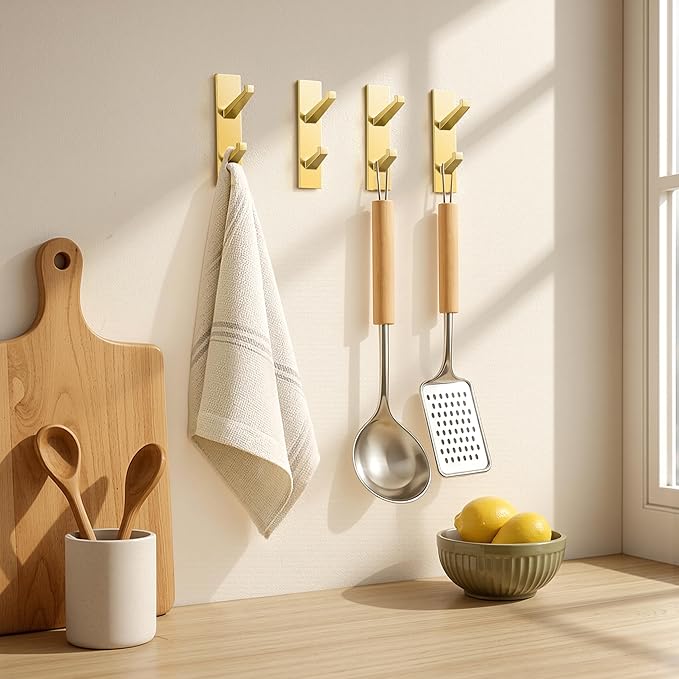 Gold Wall Hooks for Coat Towel: 13LB Adhesive Door Hanger Stick on, 4 Pack