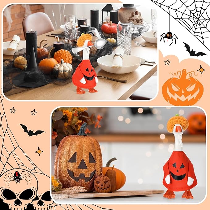 Abbylike Thanksgiving Mini Desk Goose Outfits 7 Inch Magnetic Silly Goose Statue Candy Corn Costume with Witch Hat and Broom for Halloween Magnetic Duck Statue Desk Key Holder Decor(Pumpkin)