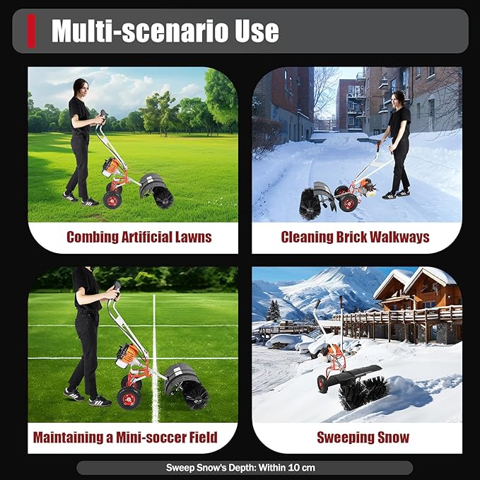 2.5HP 52CC Gas Power Handheld Sweeper, Driveway Turf Snow Broom Brush Cleaner Artificial Grass Walk Behind Electric Lawn Power Outdoor Road Street High Performance Cleaner