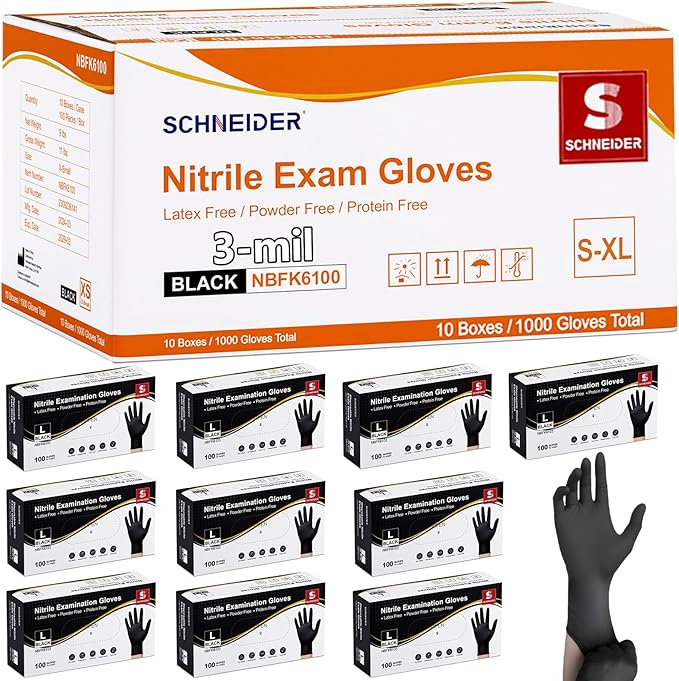 Schneider Nitrile Exam Gloves, Black Latex Free Powder Free Disposable Gloves for Medical, Cooking, Cleaning, and Food Prep